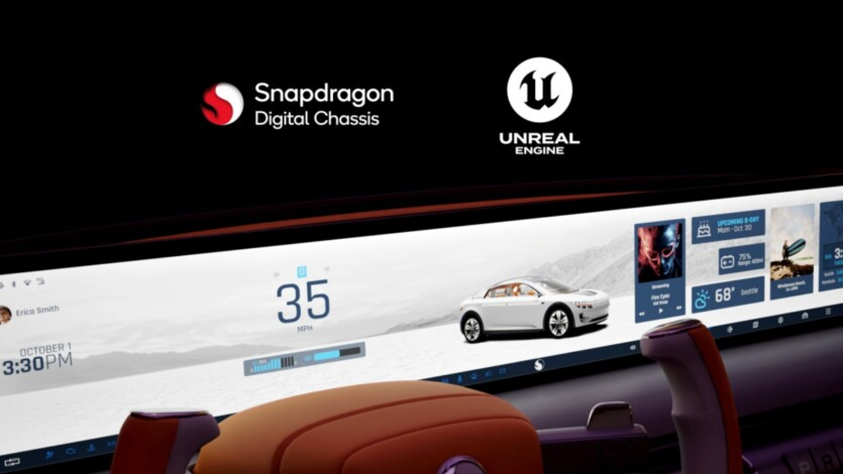 Unreal Engine nonāks automašīnās: Qualcomm un Epic Games popularizē Snapdragon Cockpit platformu.