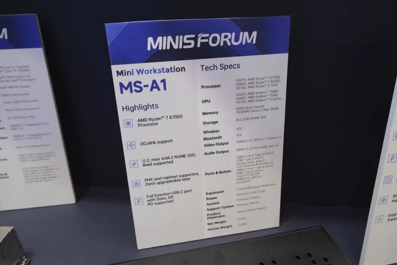 Minisforum MS-A1 - ar 8 kodolu Ryzen 7 8700G, atbalstu diskrētām grafikas
      kartēm, 4 SSD un 96 GB RAM ir prezentēts